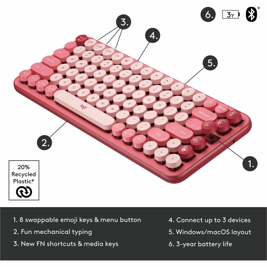 Logitech POP Keys Wireless Mechanical Keyboard With Emoji Keys - Heartbreaker Rose - 920-010709