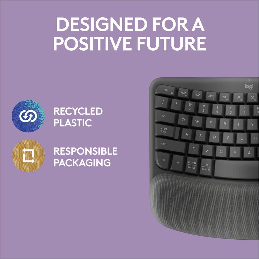 Logitech Wave Keys Wireless Ergonomic Keyboard with Cushioned Palm Rest, Comfortable Natural Typing, Graphite - 920-011898