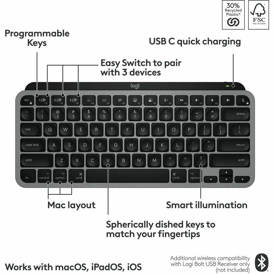 Logitech MX Keys Mini for Mac Minimalist Wireless Keyboard Compact, Bluetooth, Backlit Keys, USB-C, Fast - Space Gray - 920-012644