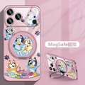 Bluey MagSafe Phone Case, 360° Rotatable Ring Holder Kickstand Case, Cute Cartoon Full Camera Protection Shockproof Cover for iPhone, Pink Electroplated Frame