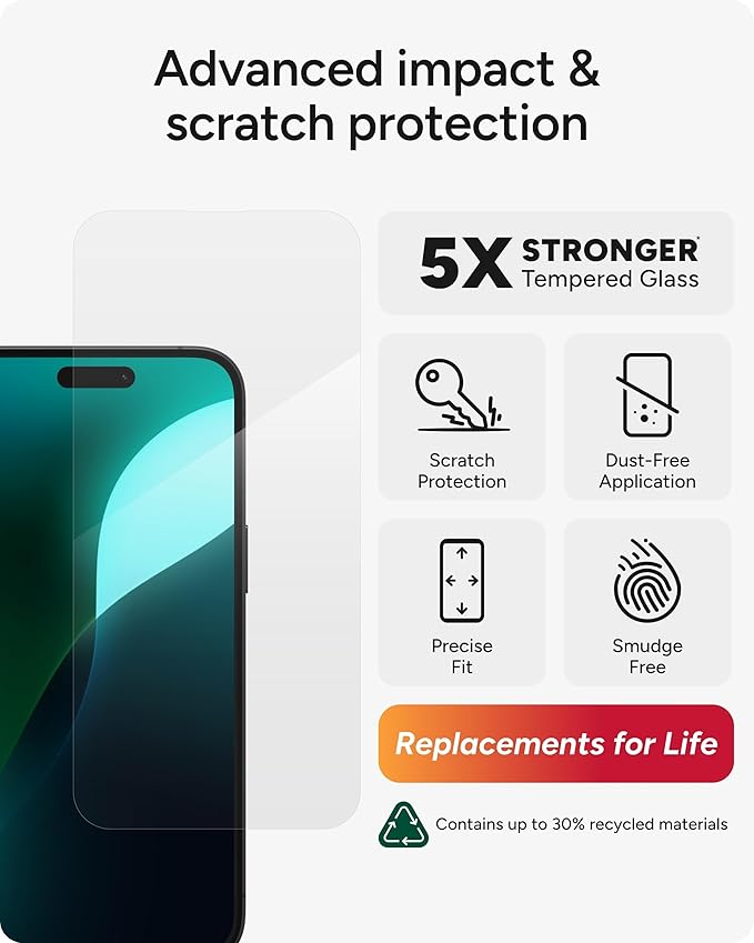 ZAGG Glass Elite Screen Protector for iPhone 16 Pro Max - 5X Stronger, Reinforced Edges, Ultra-Strong Tempered Glass, Scratch Resistant, Anti-Smudge, Easy Installation, InvisibleShield, Eco-Friendly