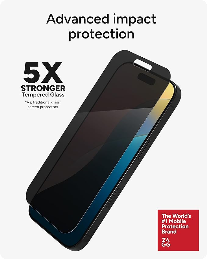ZAGG Glass Elite Privacy Screen Protector for iPhone 16 Pro - 2-Way Privacy Filter, Ultra-Strong Tempered Glass, 5X Stronger, Smudge-Free, Easy Install, InvisibleShield, Recycled Content