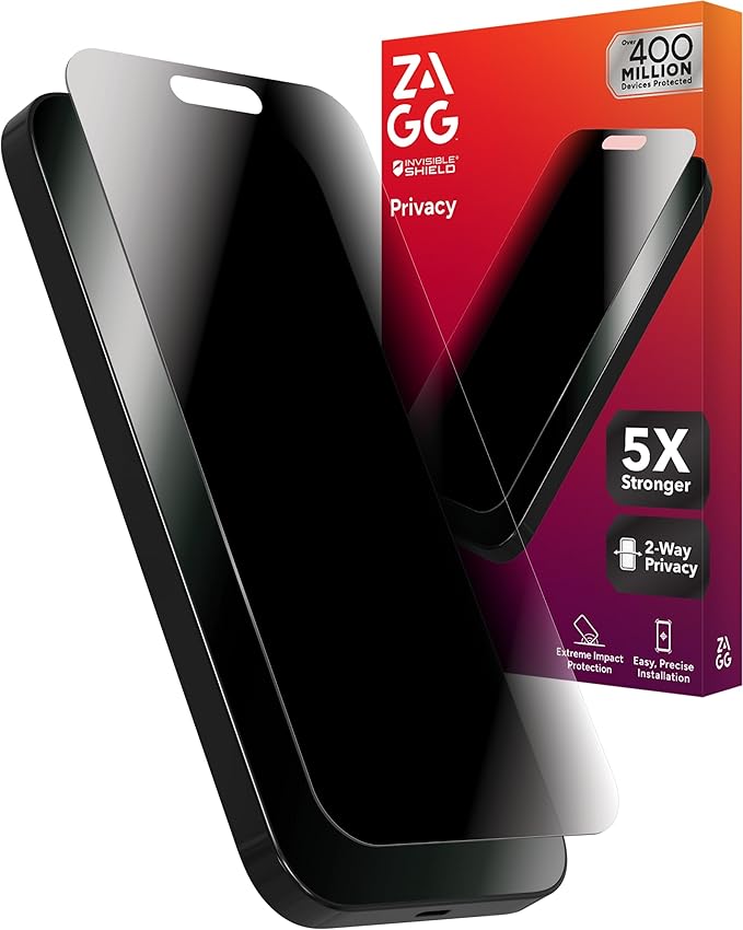 ZAGG Glass Elite Privacy Screen Protector for iPhone 16 Pro - 2-Way Privacy Filter, Ultra-Strong Tempered Glass, 5X Stronger, Smudge-Free, Easy Install, InvisibleShield, Recycled Content