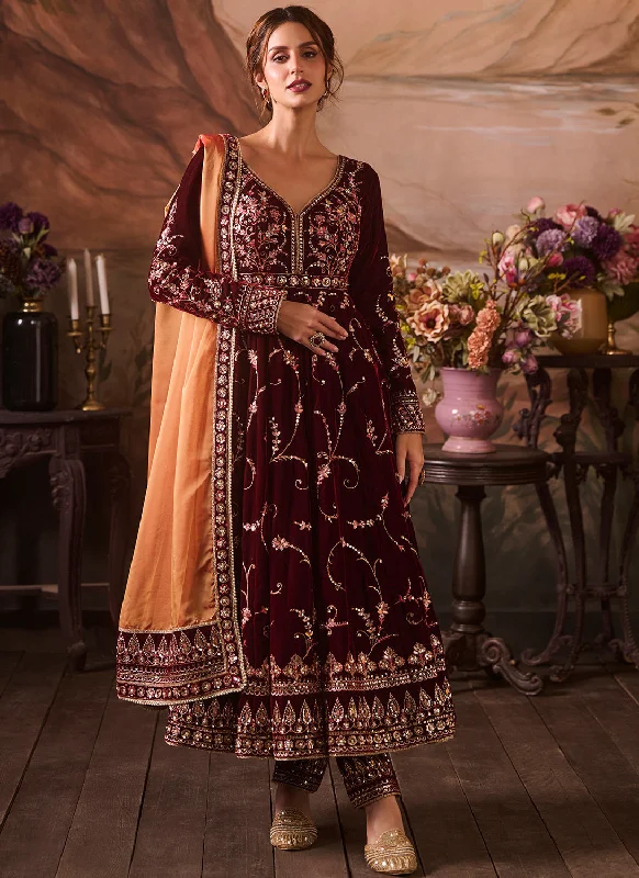 Maroon Embroidered Velvet Anarkali