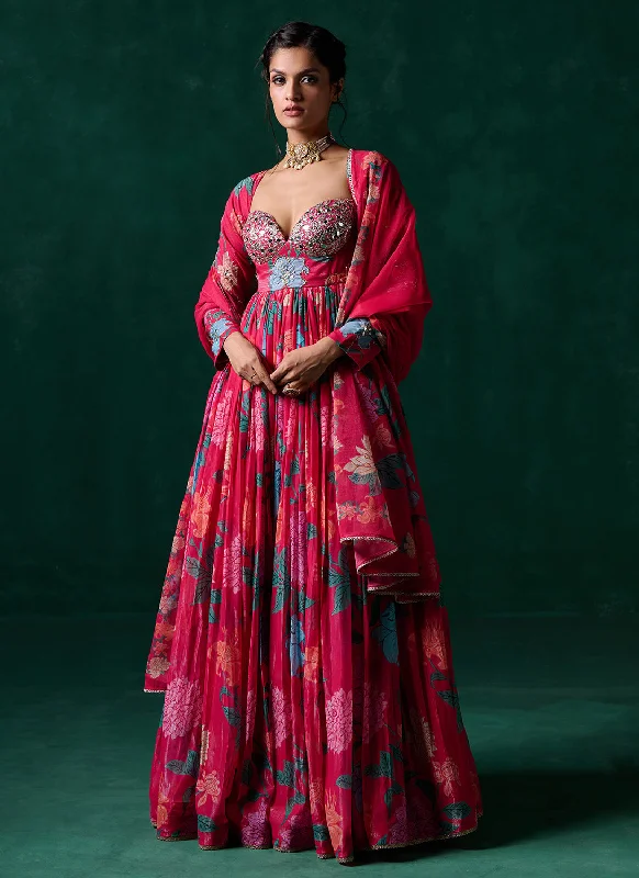 Pink Multicolor Floral Printed Anarkali