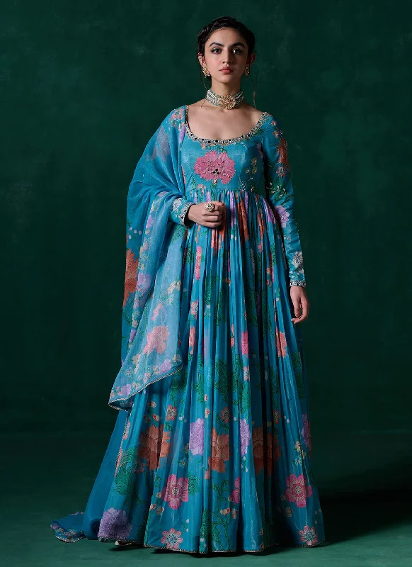 Teal Multicolor Floral Printed Anarkali