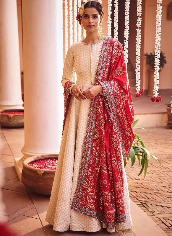 Off White and Red Embroidered Anarkali