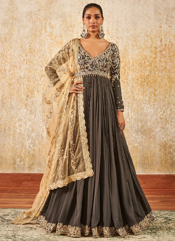 Dark Grey Embroidered Anarkali