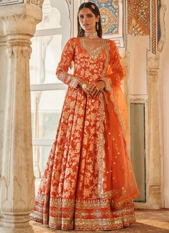 Orange Embroidered Brocade Anarkali