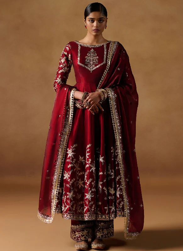 Red Embroidered Tissue Anarkali