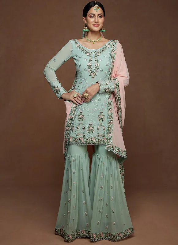 Dusty Mint and Pink Georgette Gharara Suit