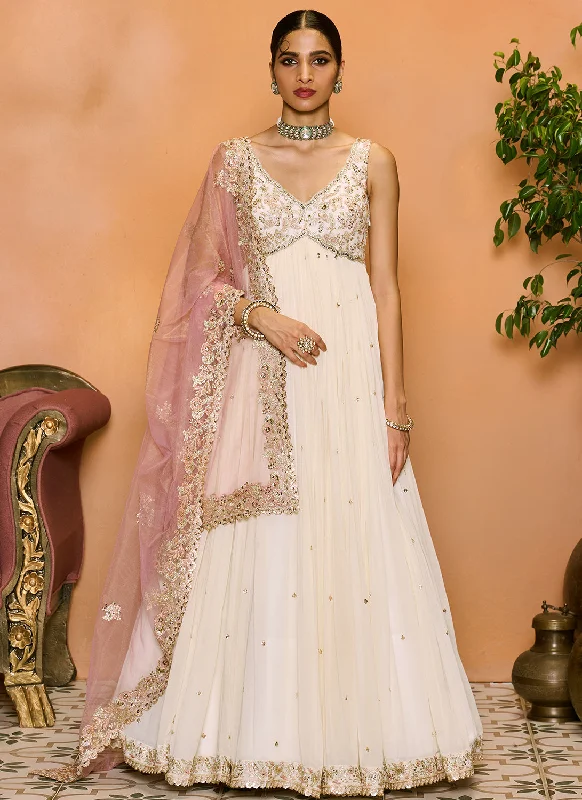 Off White and Light Pink Embroidered Anarkali