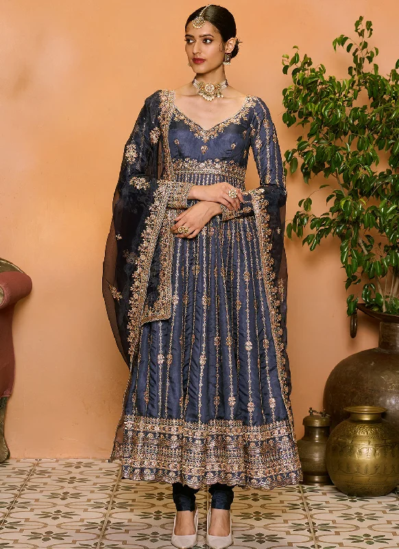 Navy Blue Embroidered Anarkali