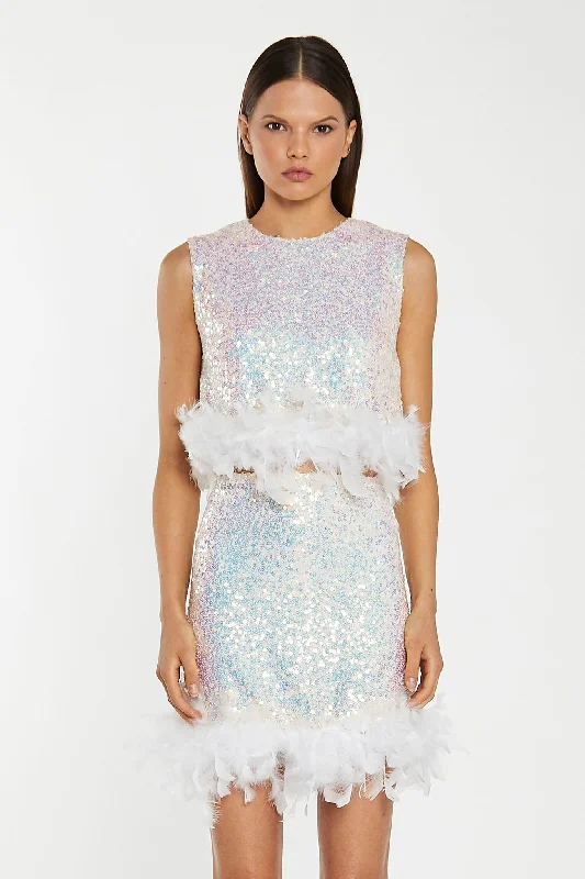 Iridescent-Sequin White Feather Trim Mini-Skirt