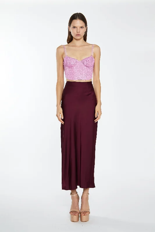 Deep-Burgundy Satin Side-Split Maxi-Skirt