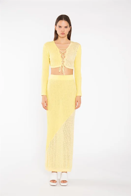 Lemon-Yellow Mix Knit Straight Maxi-Skirt