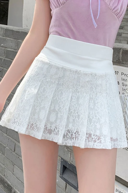 Solid Color Lace Pleated Skirt