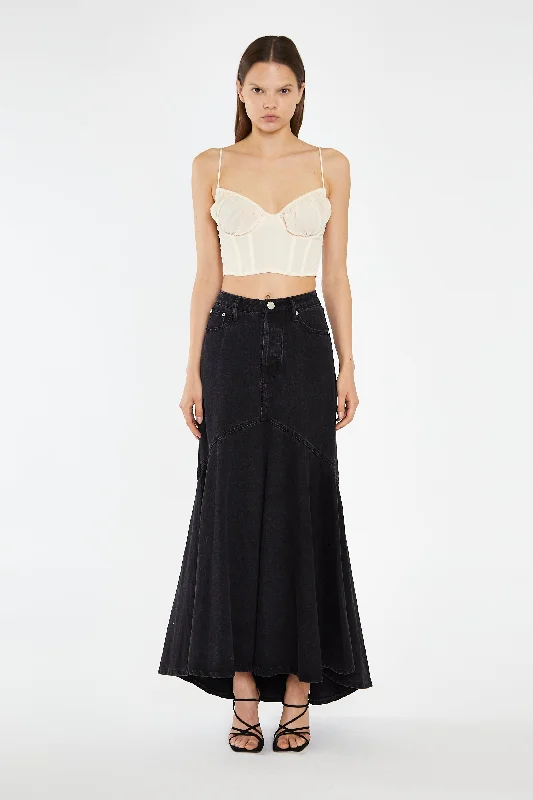 Washed Black Denim Fishtail Maxi-Skirt