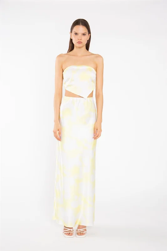 Yellow Print-Satin Bias-Cut Maxi-Skirt