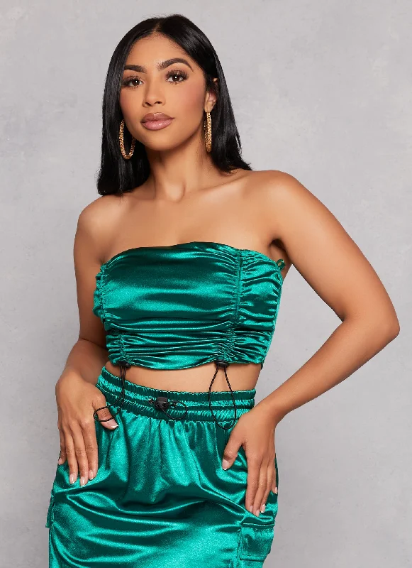 Satin Ruched Toggle Drawstring Tube Top