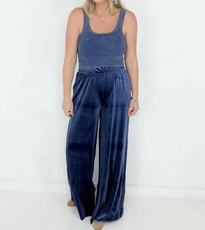 Velvet Wide Leg Pants In Navy