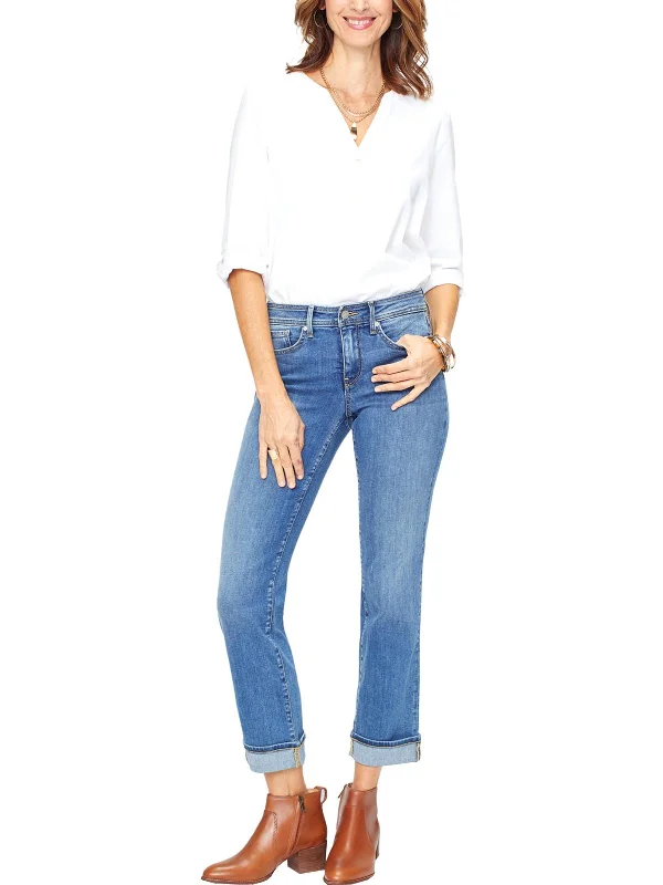 Womens Denim Cuffed Hem Straight Leg Jeans