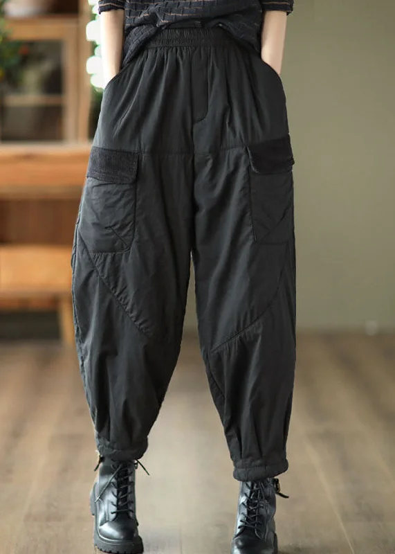 Black Elastic Waist Thick Fleece Pants Winter