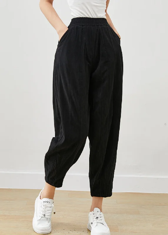 Black Patchwork Corduroy Harem Pants Oversized Pockets Winter