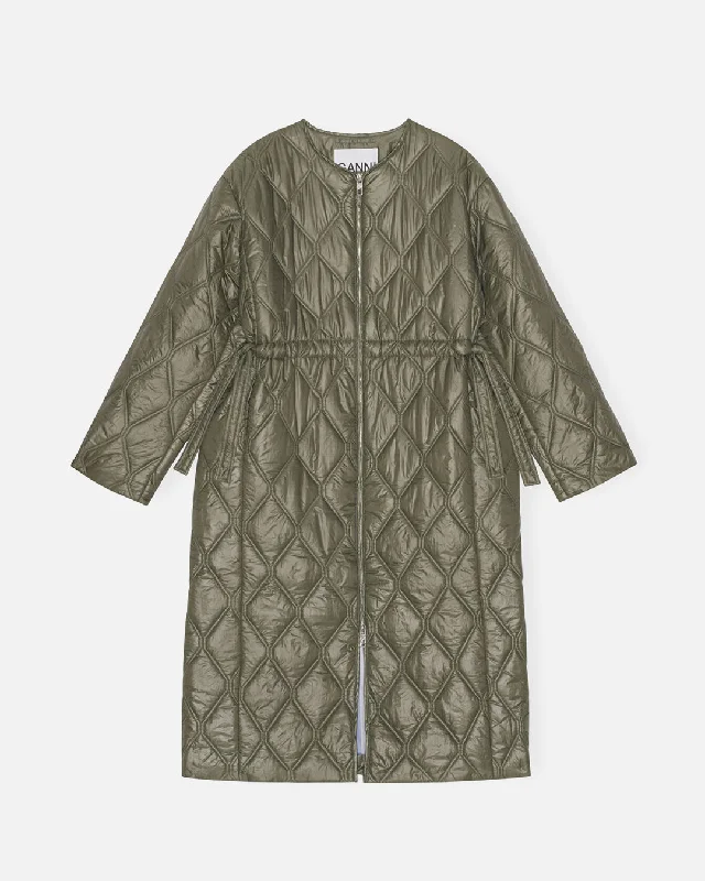 Shiny Long Quilt Coat - Green