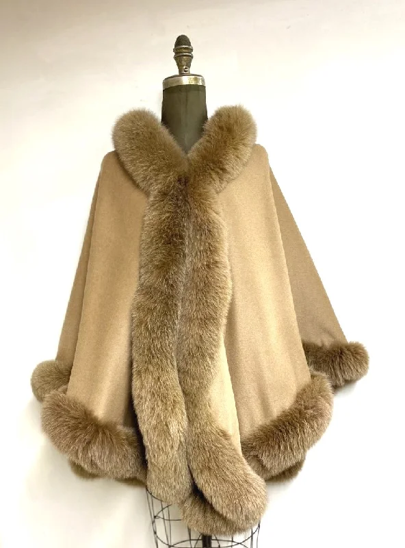 Vanessa Wrap Cape -  Cashmere & Wool Blend-Genuine Fox Trim All Around Edge