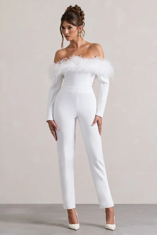 Ales | White Bardot Tailored Straight-Leg Jumpsuit With Feather Trim