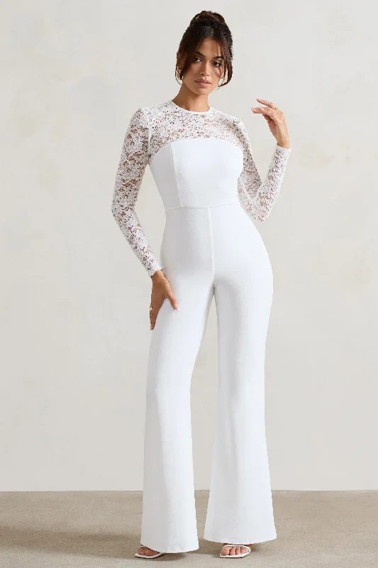 Amari | White Lace Long-Sleeve Flared-Leg Jumpsuit