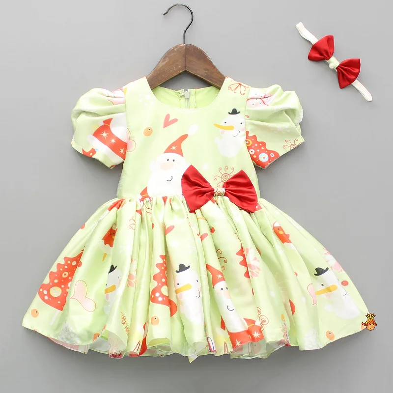 Christmas Theme Printed Green Flared Dress With Bowie Headband