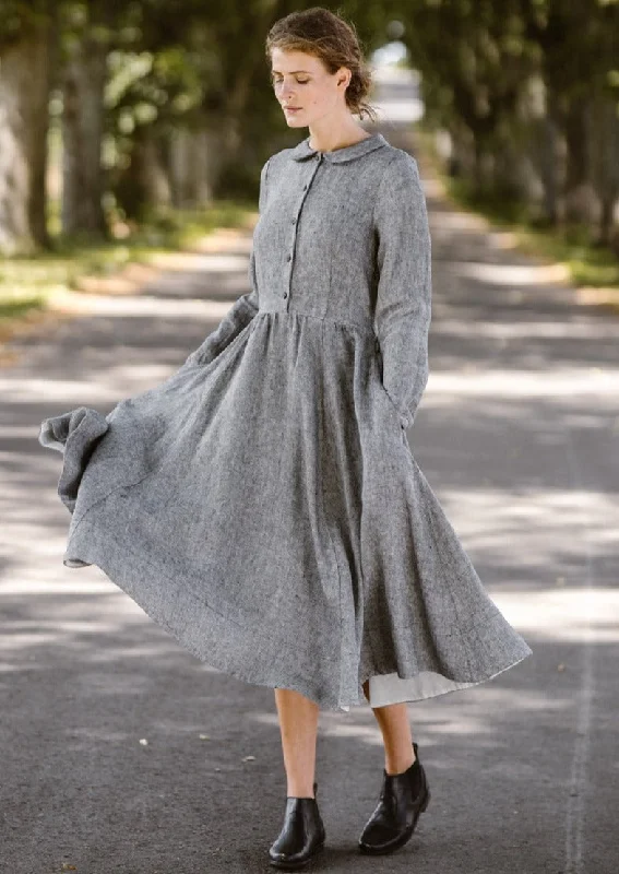 Classic Dress, Long Sleeve, Twill Linen, Grey Moon