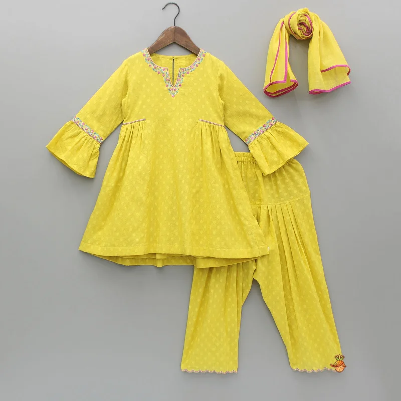 Embroidered Yellow Kurti And Salwar With Dupatta