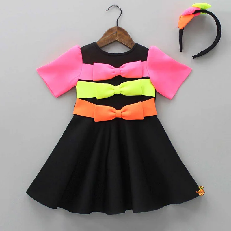 Multicolour Bow Scuba Dress With Matching Hairband