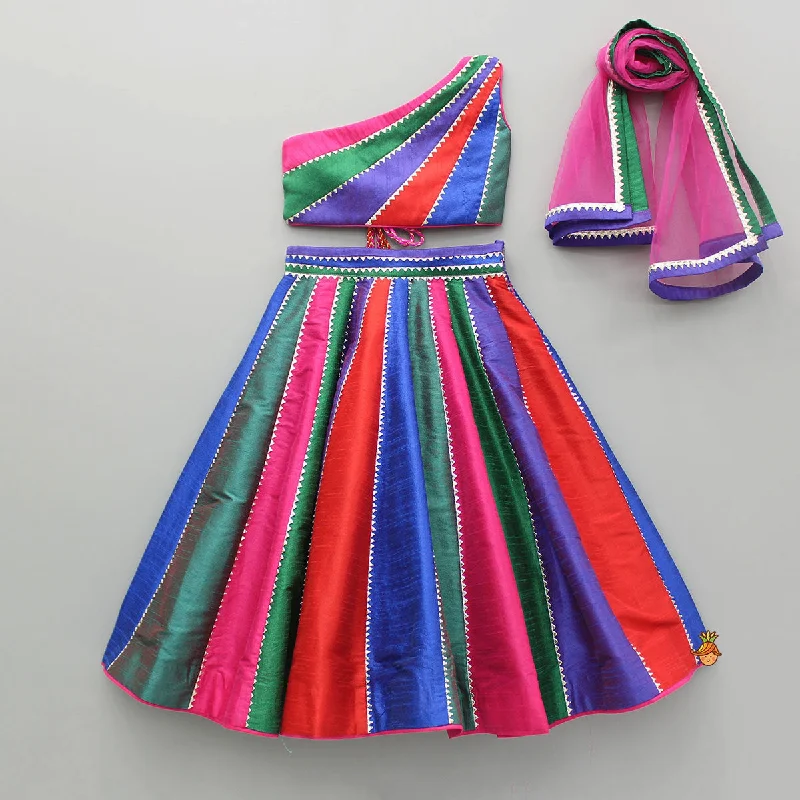 Multicoloured Colour Blocked Top With Lehenga And Dupatta