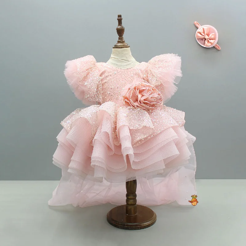 Peach Sequin Embellished Dress Featuring A Detachable Trail And Bow With Swirled Bow Headband