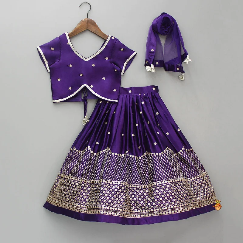 Sequin Embroidered Purple Top And Lehenga With Matching Net Dupatta