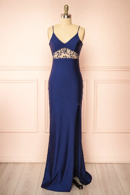 Angelika | Navy Maxi Dress w/ Embroidered Mesh