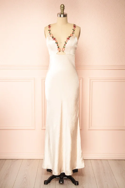 Envya Champagne | Satin Maxi Dress w/ Floral Embroidery