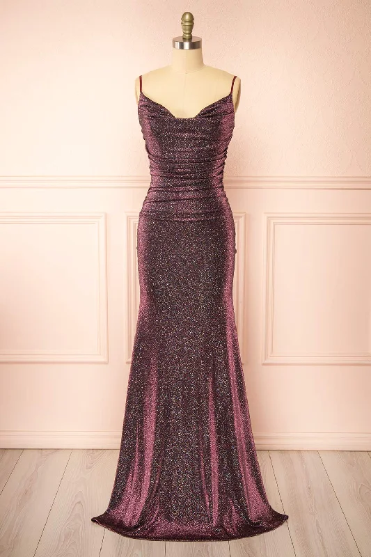 Jayna Burgundy | Ruched Sparkling Mermaid Maxi Dress