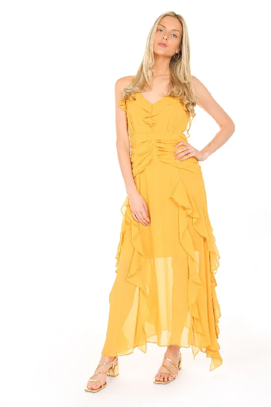 Adjustable Straps Chiffon Ruffled Maxi Dress