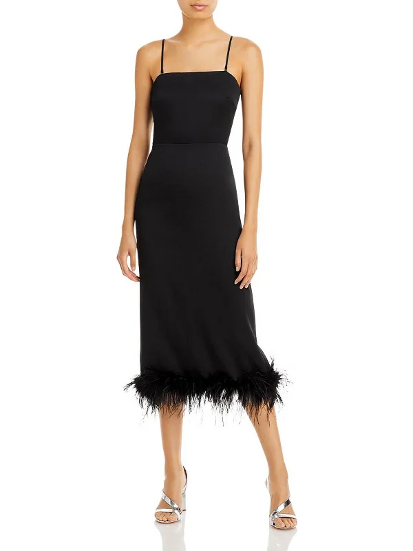 Womens Faux Feather Trim Back slit Cocktail and Party Dress