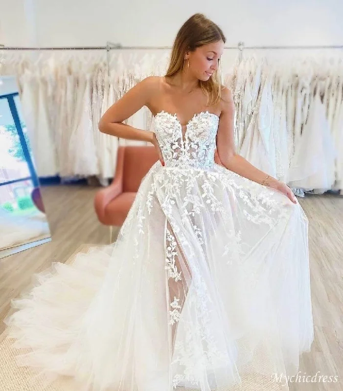 A Line Sweetheart Lace Summer Wedding Dresses Boho Tulle with slit