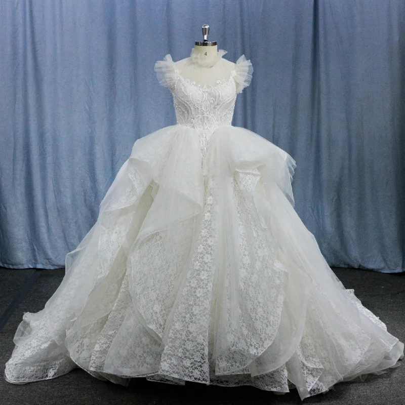 Ball Gown Lace Sheer High-Neck Bridal Wedding Dress with Long Train