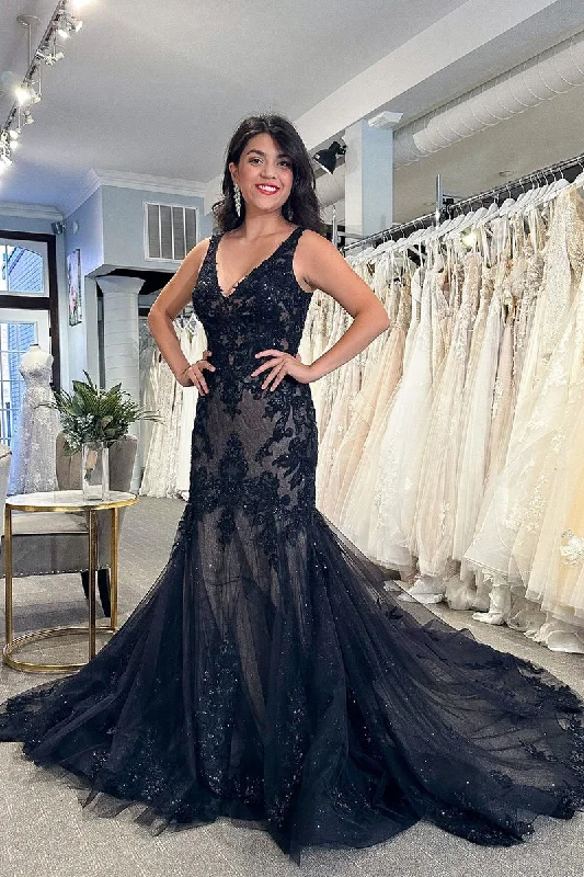 Black Lace 2025 Wedding Dress Appliques Mermaid V Neck Prom Dresses