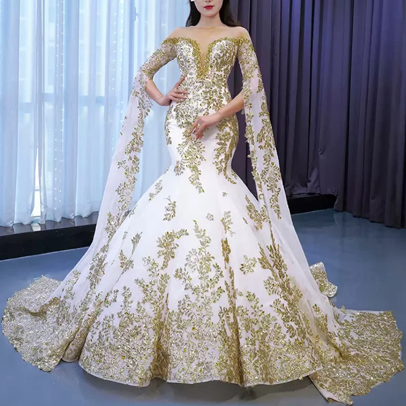 Gorgeous High-end Trumpet Wedding Dress with Long Cape Sleeve