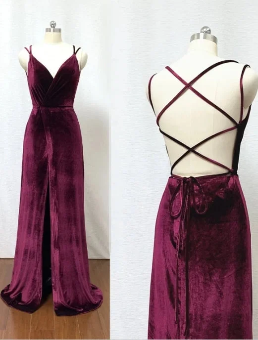 Hot Sheath Velvet Prom Dresses Burgundy Wedding Guest Dress with Split