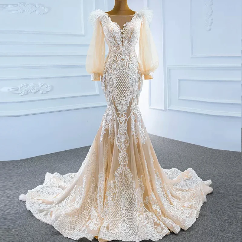 Illustion Neck Puffy Sleeved Mermaid Wedding Dress With Feather